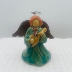 Vintage Ceramic Angel No Face Tin Wings Playing Mandolin Figurine